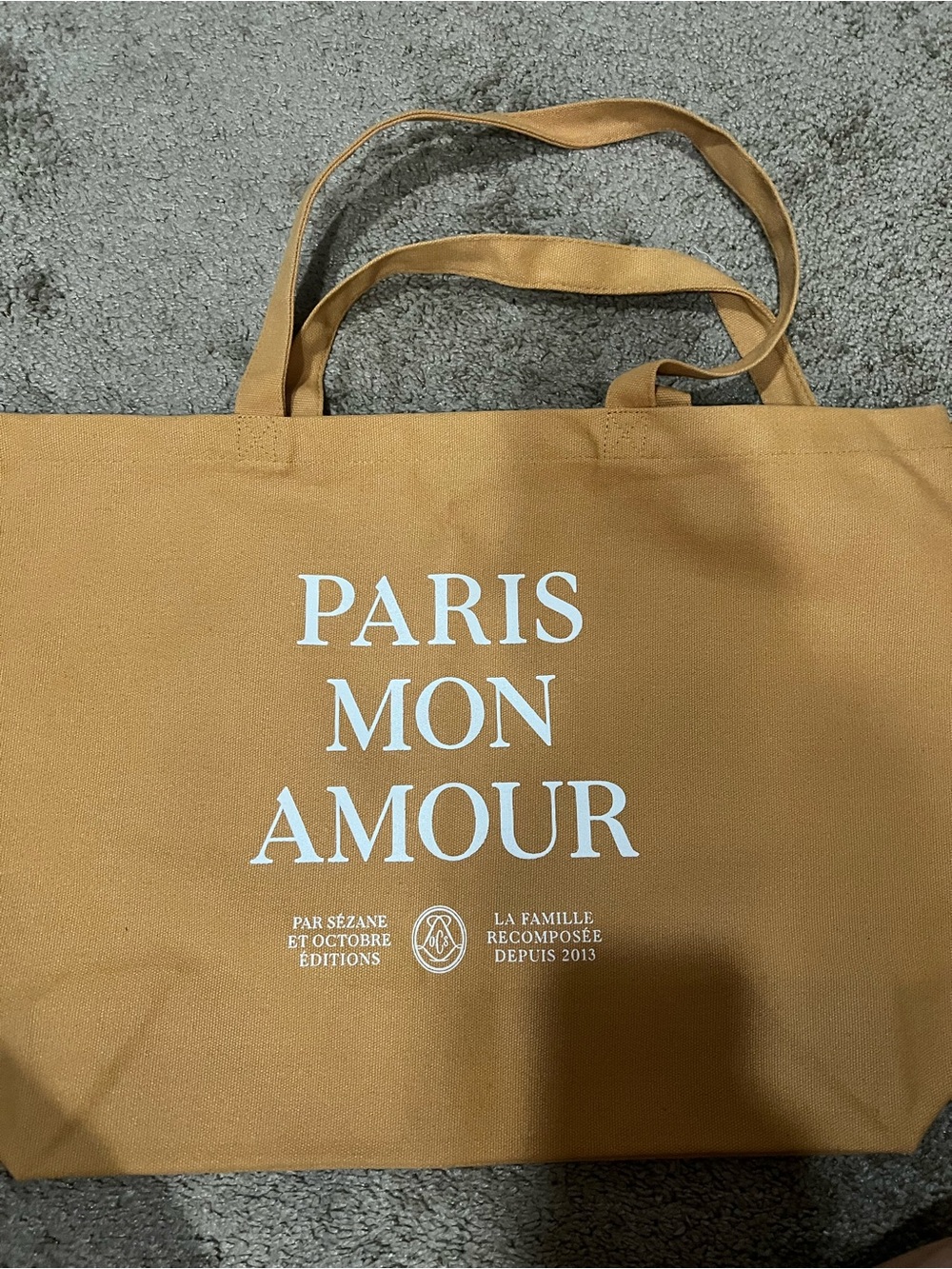Sezane Paris Mon Amour Canvas Tote in Warm Tan with White Print